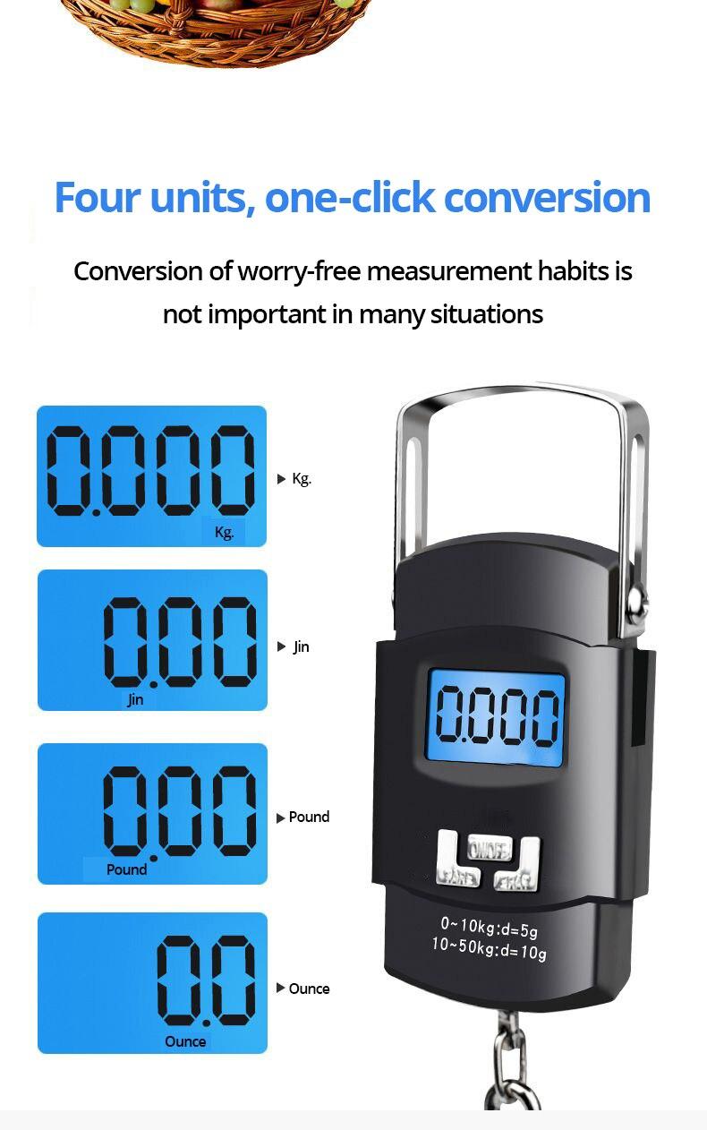Product Introduction of 1pc Black 50kg Portable Electronic Portable Luggage Scale LCD Digital Display Screen Express Delivery Scale Hook Mini Scale 21