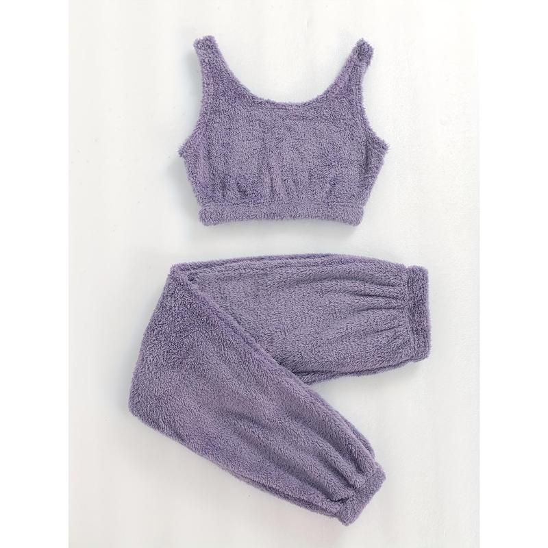 Solid Fuzzy Lounge Set, Warm Tank Crop Top & Elastic Waistband Pants, Women's Loungewear & Sleepwear 7