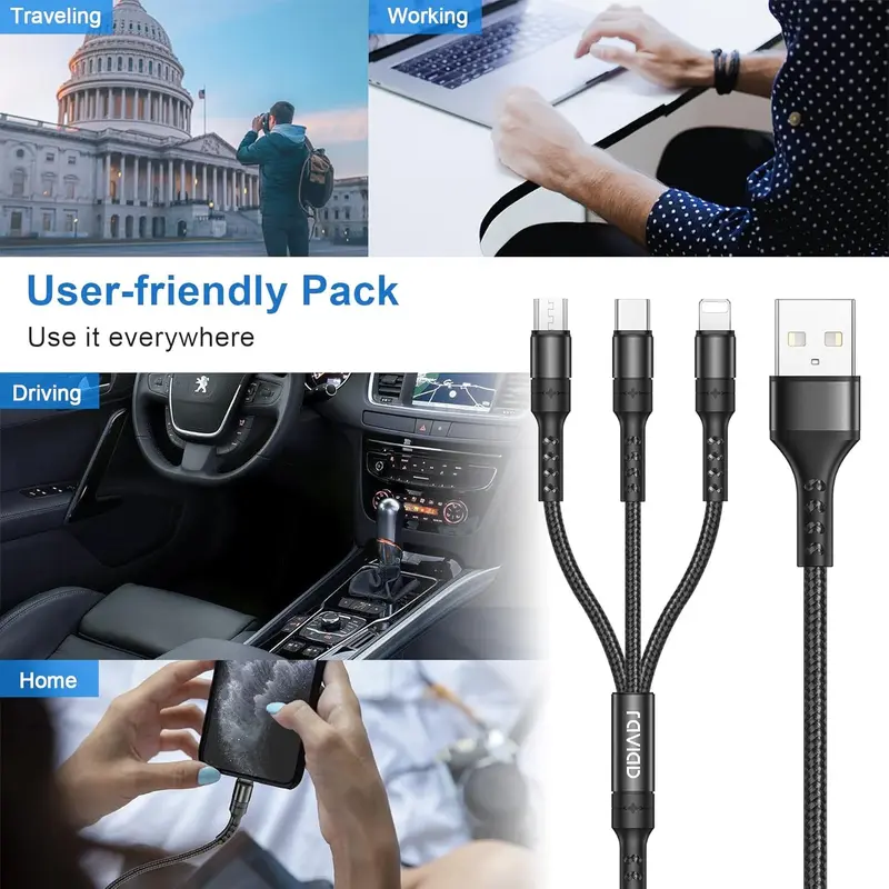 3 in 1 Fast Charging Cable With 3A Speed, Fast Charging Multi Purpose Cable, Type C Cable, Micro USB Cable And Lighting Cable In Black, Cellphone, Mobile Accessories Smartphone Charger 3