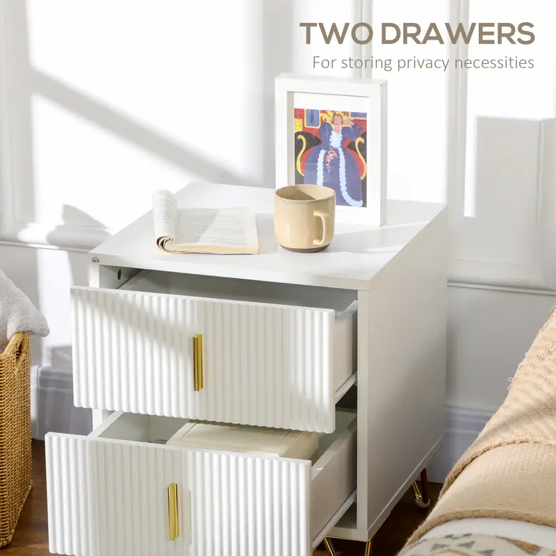 HOMCOM Bedside Table with 2 Drawers, Side End Table, Nightstand Bedside Cabinet with Metal Frame for Living Room, Bedroom, White 4