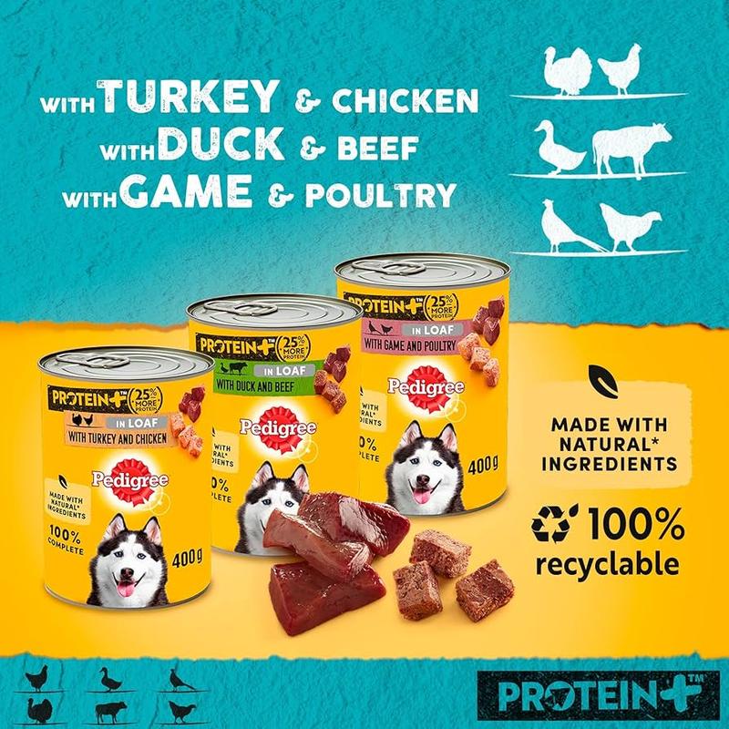 Pedigree Dog Food Tins | Protein + Plus (25% Extra Protein) | Complete Wet Food for Adult Dogs | High Quality, Natural Ingredients | Bulk Buy Deals Available | Turkey, Chicken, Duck, Beef, Game & Poultry Flavours in Pate Style Loaf 5