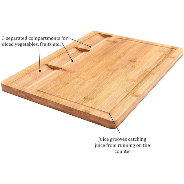 Masters & Burrell Premium Wooden Chopping Board Large 43 x 32.5 x 2 cm Organic Bamboo Cutting Board for Vegetables Bread Fruits Chopping Boards for Kitchens Juice Grooves Built-in 3 Compartments Knives Metal chopping  boards Stylish  Handy 5