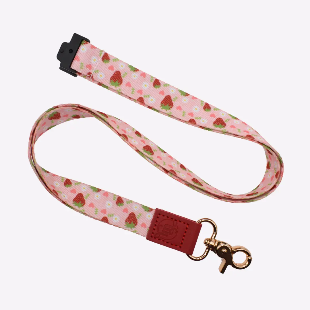 Strawberries Breakaway Lanyard for Office or School ID Badge - Black Fabric Lanyard with Faux Leather Tab
