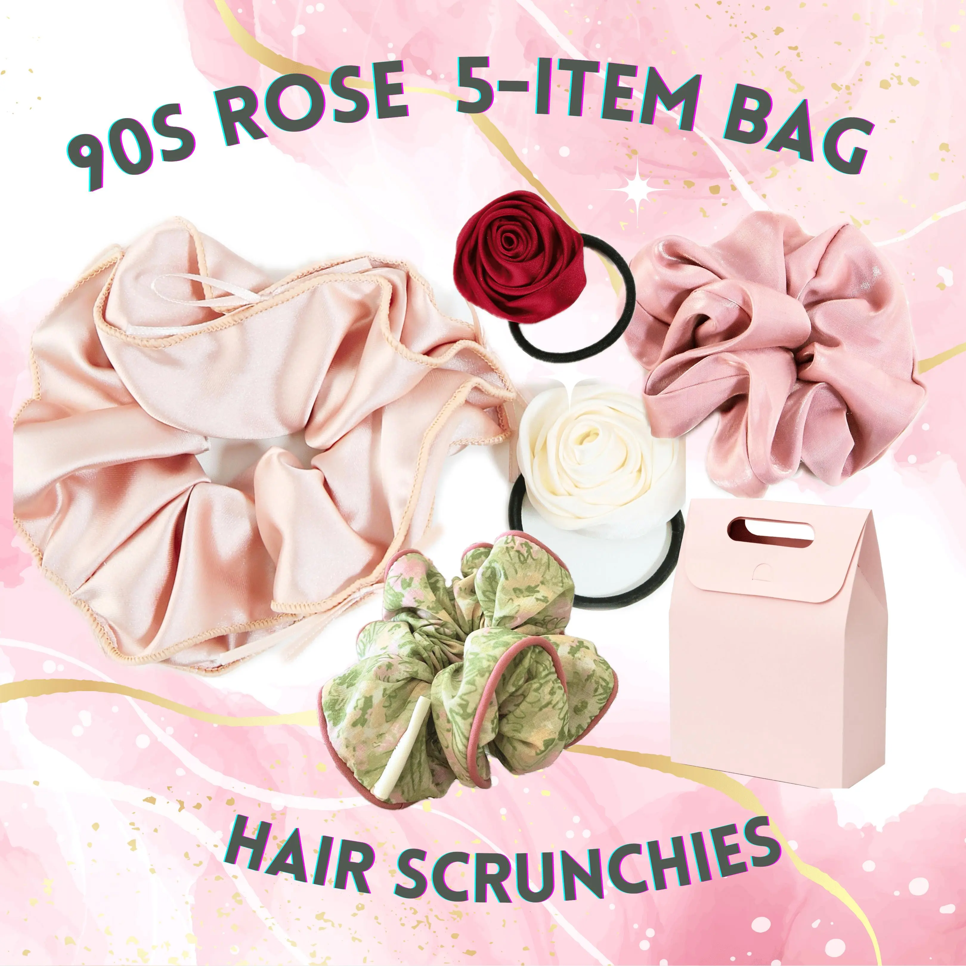 90s Rose 5-item High Quality Elegant 2025 Summer Trendy Women Hair Scrunchies & Ties Accessory Mystery Bag, Everyday All Matching Silk Scrunchy for Hair, Solid Color Elastic Thick Comfort Ponytail Holders Hair Accessories for Women Hairstyles, Girls Gifts