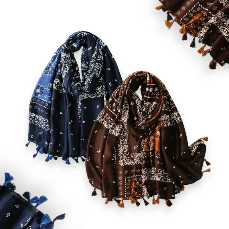 Paisley Print Scarf Hijab with Tassels- Very soft, large, and breathable