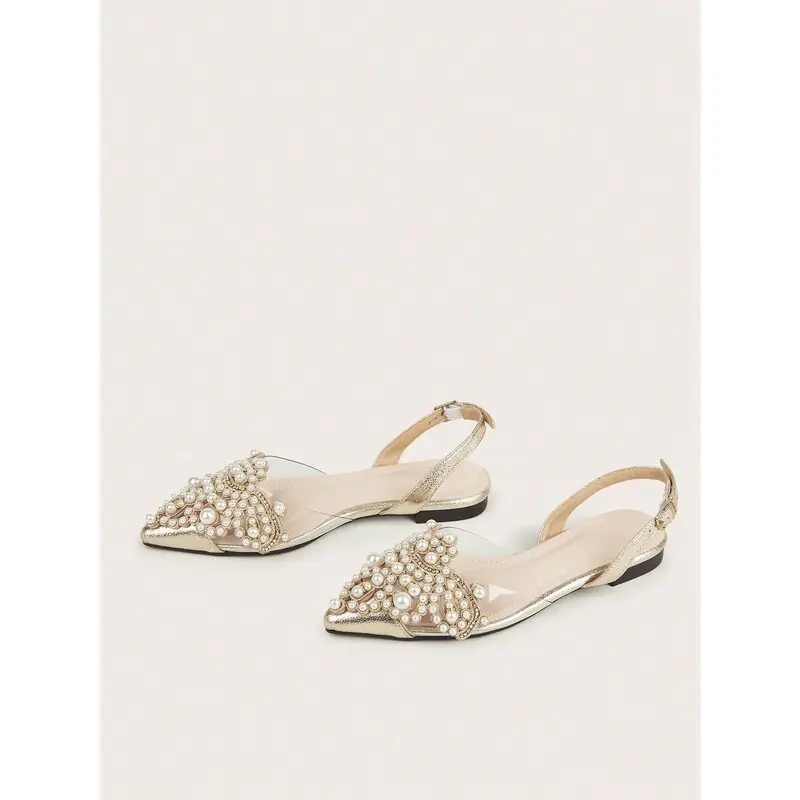 Women Faux Pearl Decor Point Toe Slingback Flats, Fashion Outdoor Flats Footwear Walking Shoes 1