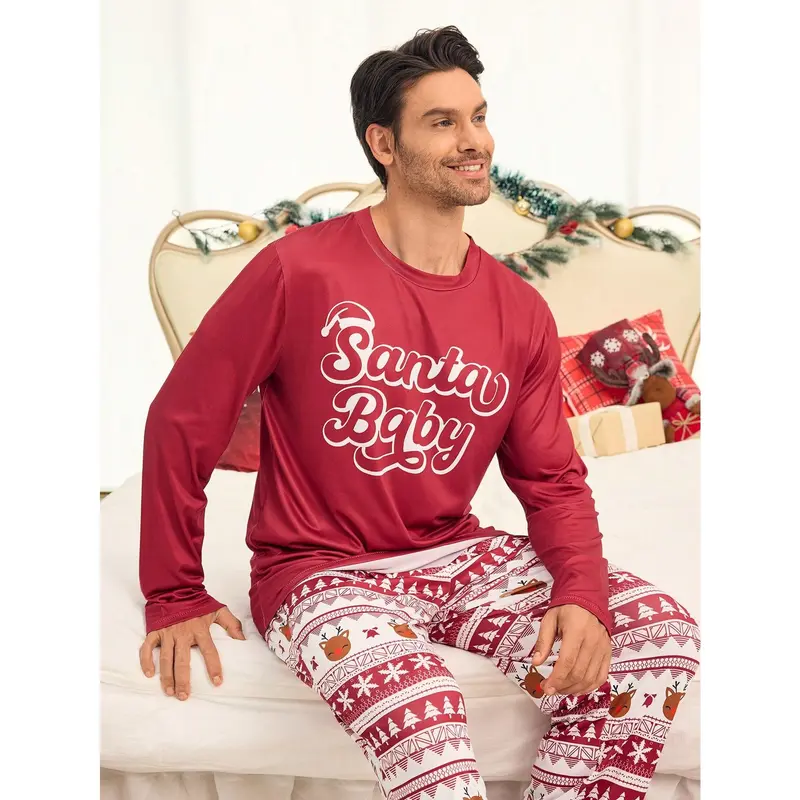 2pcs Men's Burgundy Simple Christmas Element All Over Print Long Sleeve Pajama Set, Comfortable Loungewear Menswear Nightwear Pants Stretch 6