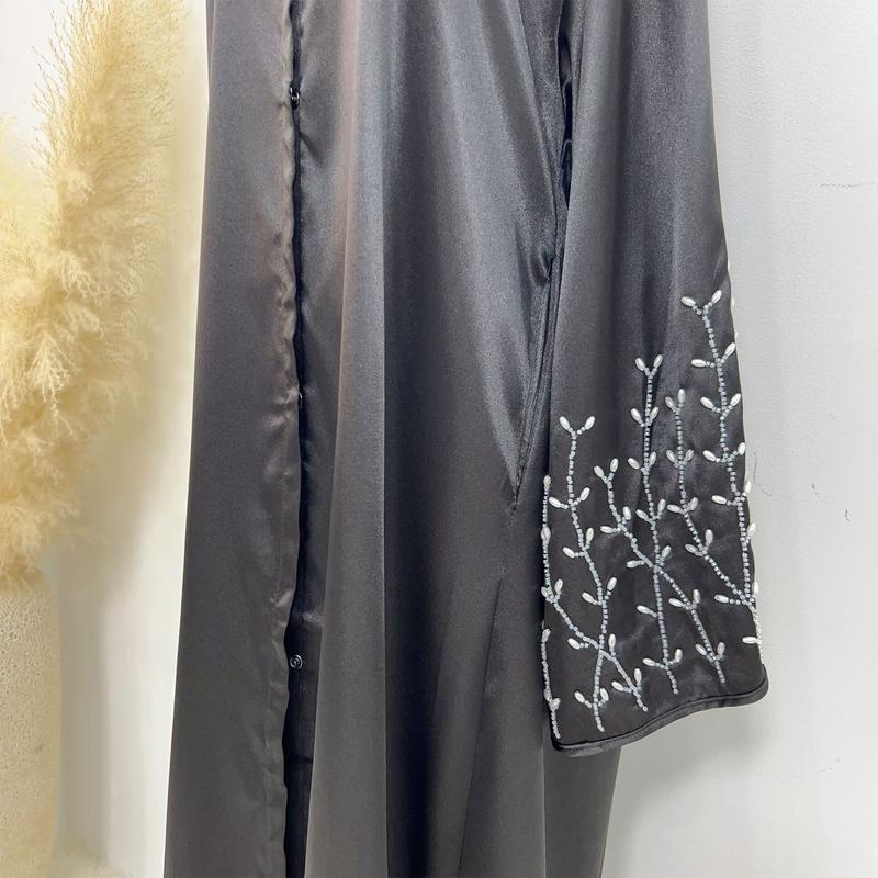 Product Introduction of HS1024 1pcs Satin Cardigan Handmade Beaded Dress Abaya 30
