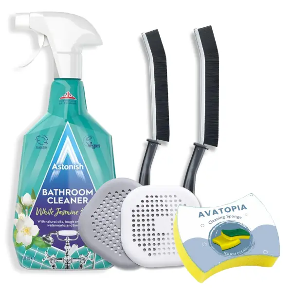 Astonish Bathroom Cleaner Spray with Cleaning Sponge, 2 Crevice Brushes & 2 Silicone Drain Protectors
