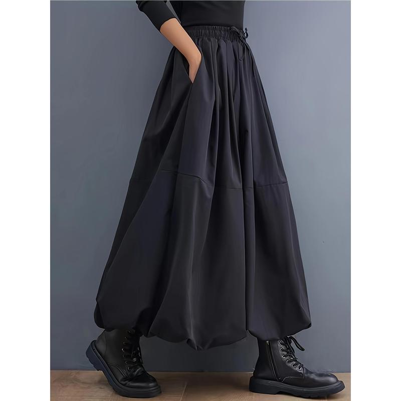 Women's Elegant Black Maxi Skirt - Solid Color, A-Line Silhouette with Pockets, Polyester, Machine Washable, Ideal for Spring/Summer 0