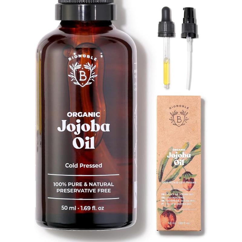 Bionoble Organic Jojoba Oil 50ml - 100% Pure, Natural and Cold Pressed - Face, Body, Hair, Beard, Nails - Vegan and Cruelty Free - Glass Bottle + Pipette + Pump Daily Evening 0