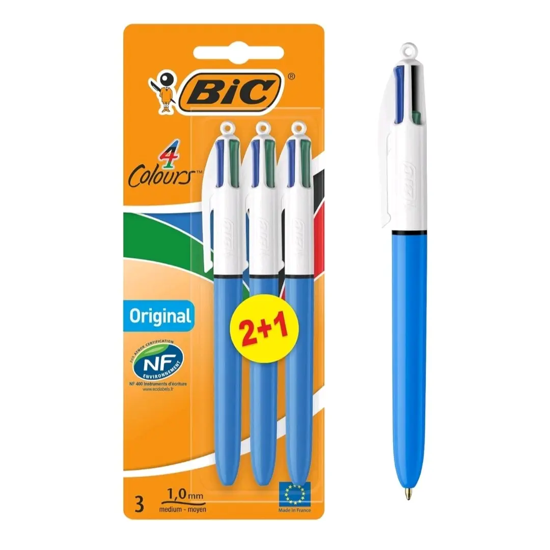 BIC 4 Colours Original Pens, Medium Point Type, Green/Blue/Red/Black Inks, Refillable, 3 Pack