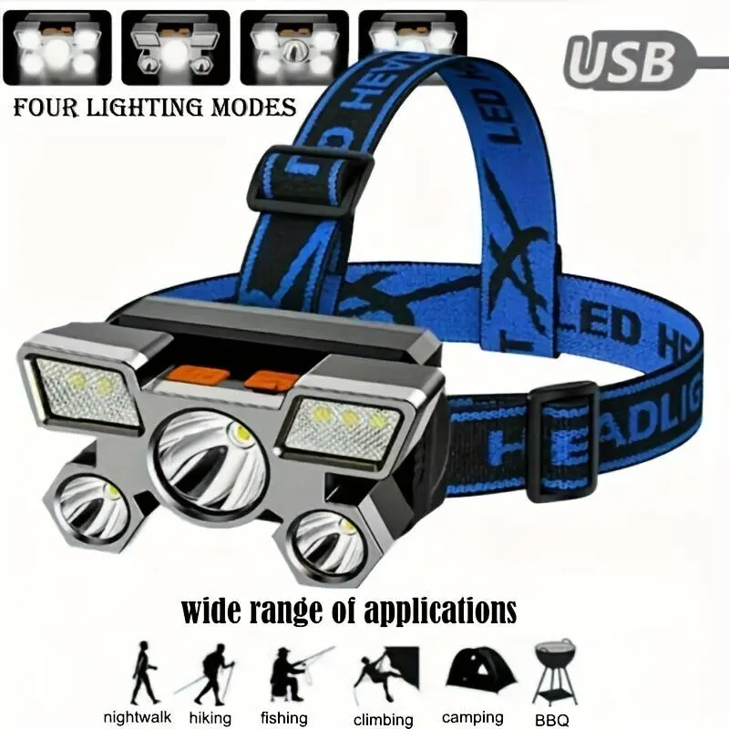 USB Rechargeable Portable Headlamp with 5LED Headlight and Built-In Battery