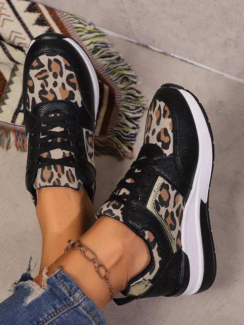 Product Introduction of Women's Wedge Platform Sneakers, Casual Non-Slip Lace-Up Leopard Print Sporty Shoes, Retro Mixed Color Comfy Low-Top Outdoor Leisure Fashion Sneakers, Shoes For Women Footwear Girl 13