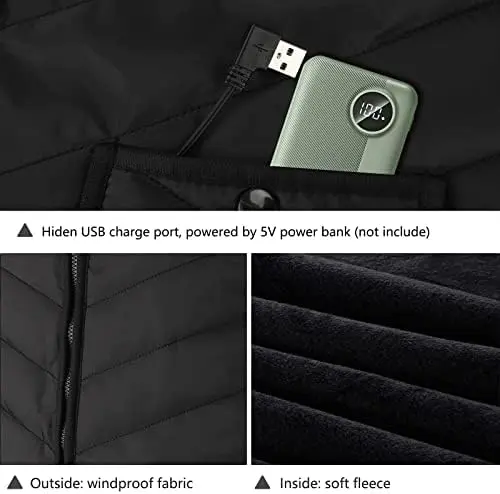 VIEKUU Heated Vest for Men and Women, USB Electric Heating Jacket with 3 Temperature Settings, Adjustable Size, Washable, Winter Warm Vest Coats Suitable for Fishing and Skiing (Unisex) 3