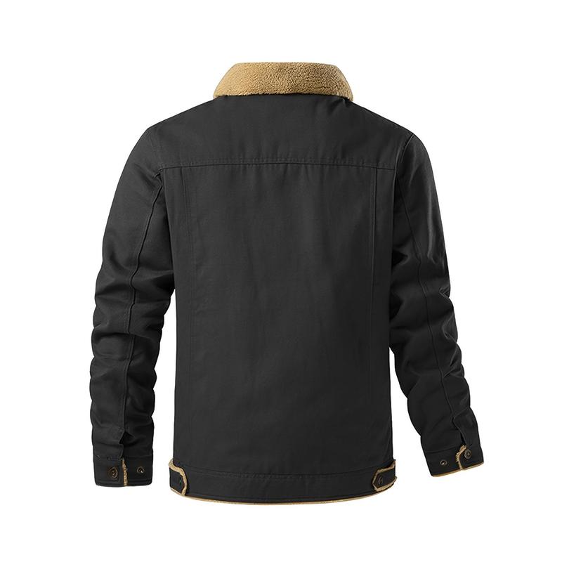 Men's Fashion Trendy Cotton Fleece-Lined Jacket, Casual Workwear Outerwear with Sherpa Collar, Button-Up, Multiple Pockets Menswear Coats Tops Underwear Long Sleeve Beige Human Tights Plain Longsleeves Collared 2