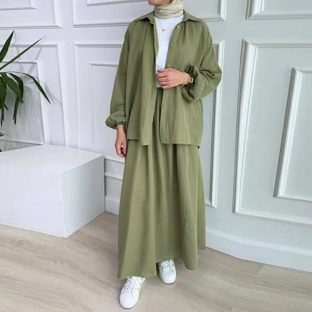 New Women Casual Skirt Set Puff Sleeve Lapel Collar Shirt Top + Loose Maxi Skirt Spring Summer Lady Cotton Two Piece Set