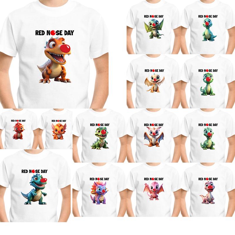 Red Nose Dinosaur T-shirt Dino School Children Kids Boys Girls Unisex Tee Top tshirt White Printed Regular 0