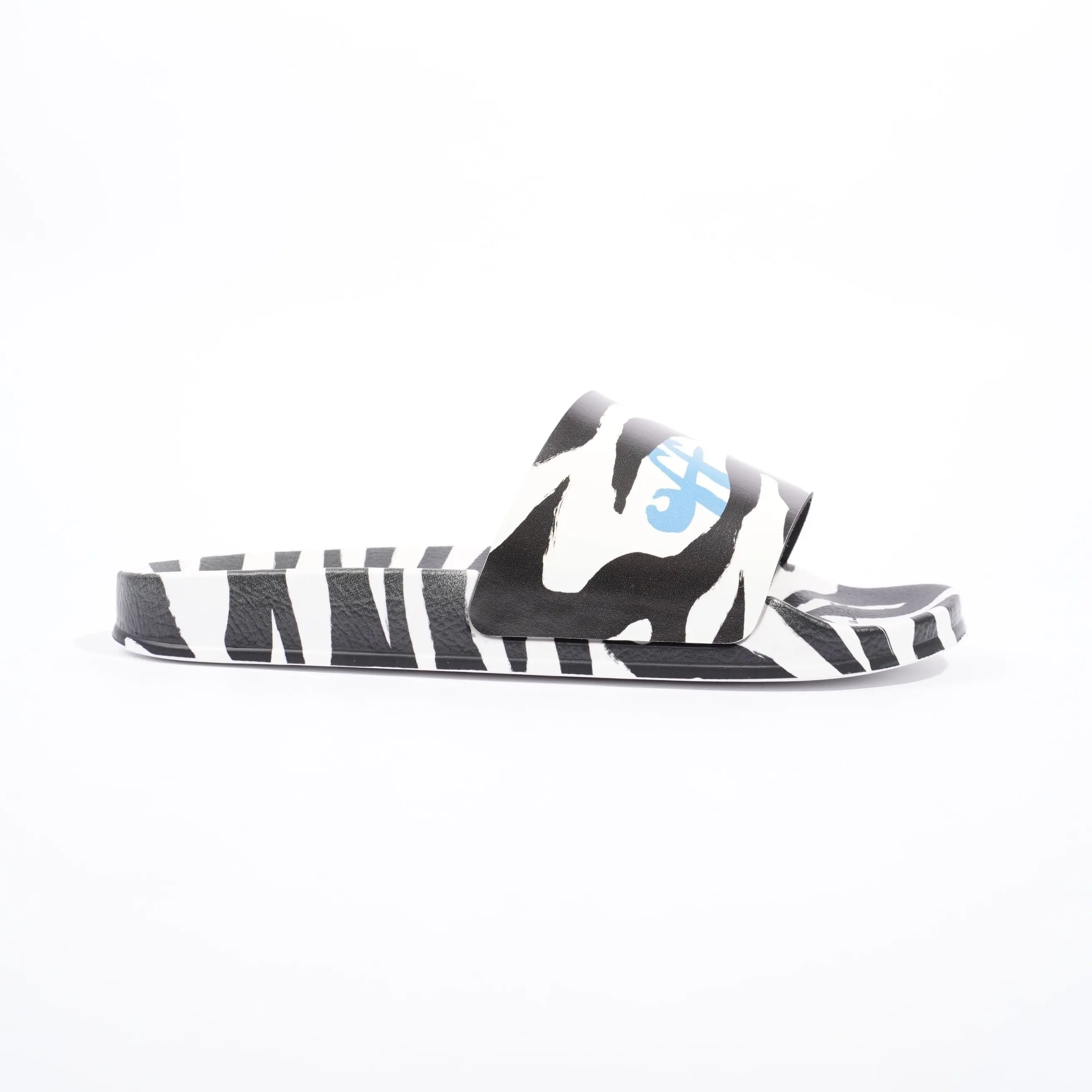 Preowned Off White Printed Pool Slides Zebra Print / Blue Rubber EU 40 UK 7