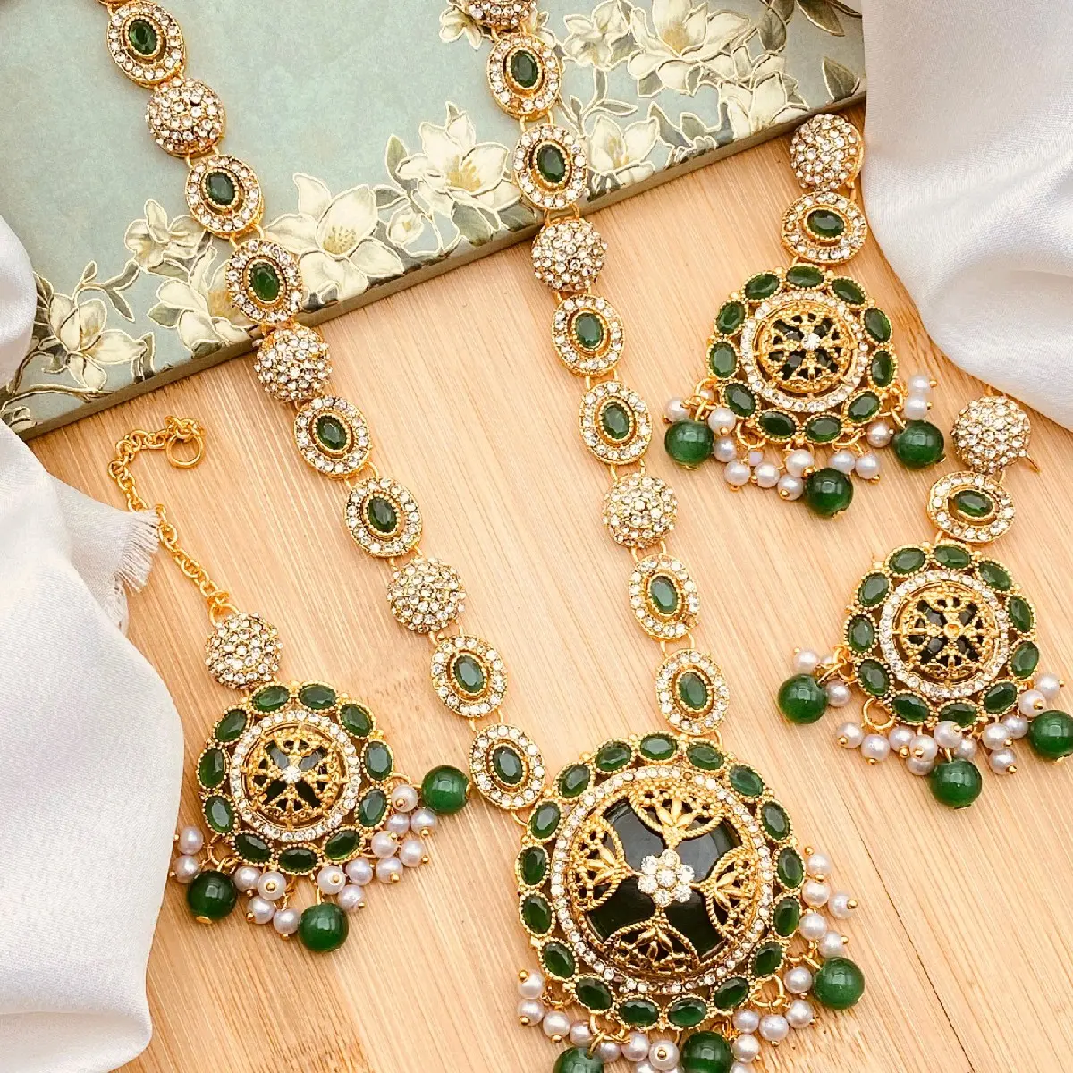 Pakistani Original Gold Plated Egyptian long necklace set with AD and crystal stones work.....