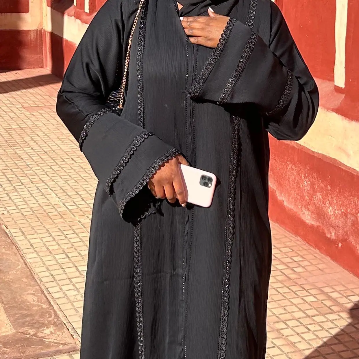 PIZZO CLOSED ABAYA WITH HIJAB AND BELT lace embellishment queen