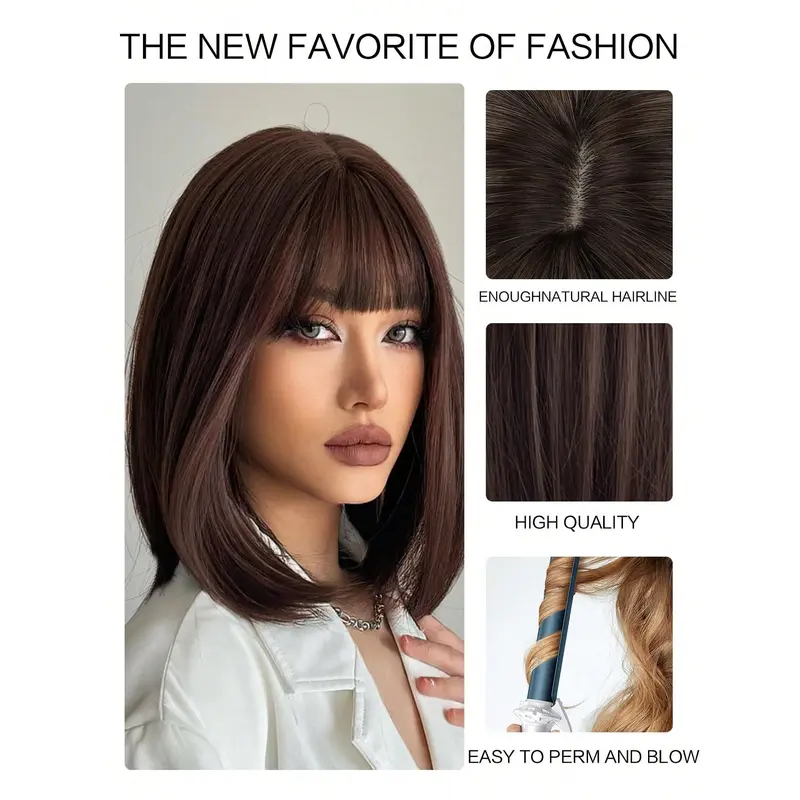 Gorgeous Chocolate Brown Bob Wig With Flattering Bangs Synthetic Fiber Hair Wigs Hair Replacement Wigs For Women Girls Music Festivals,Halloween Christmas Presents 5