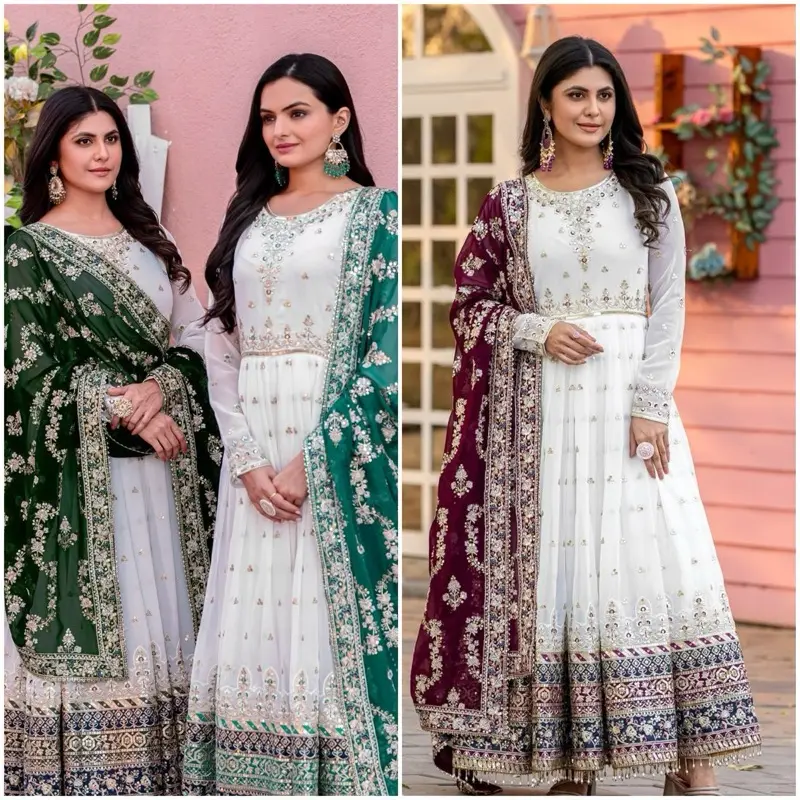 White Readymade Anarkali Jasmin Collections Gown – Traditional Sequin Embroidery & Latkan |Teal blue, Maroon, dark green| Perfect for Eid & Wedding frock nikkah outfit bridal wear Asian Womenswear