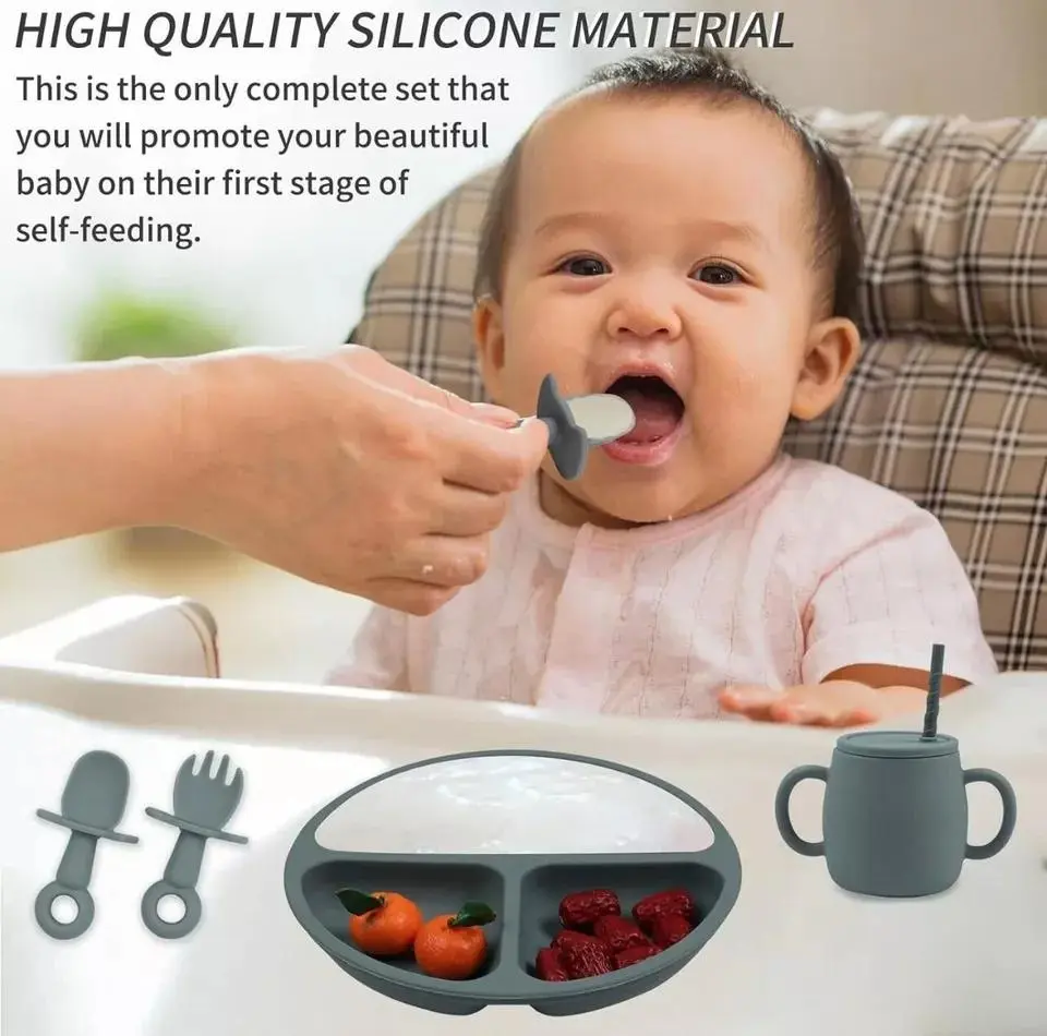 7pc Weaning Baby Set Silicone Feeding Bowl Suction Plate Spoon with WEANING BABY
