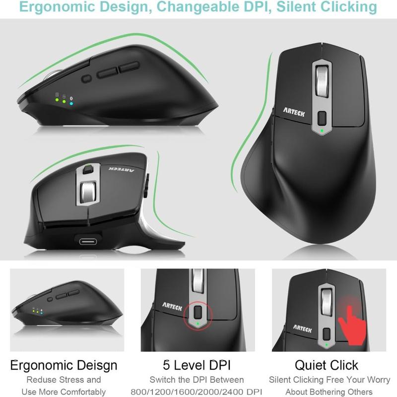 Multi-Device Wireless Bluetooth Mouse with Nano USB-A, USB-C Receiver Ergonomic Right Hand Silent Clicking Rechargeable Mouse for Computer Desktop PC Laptop Mac iPad and Windows 11/10 iPad OS 2