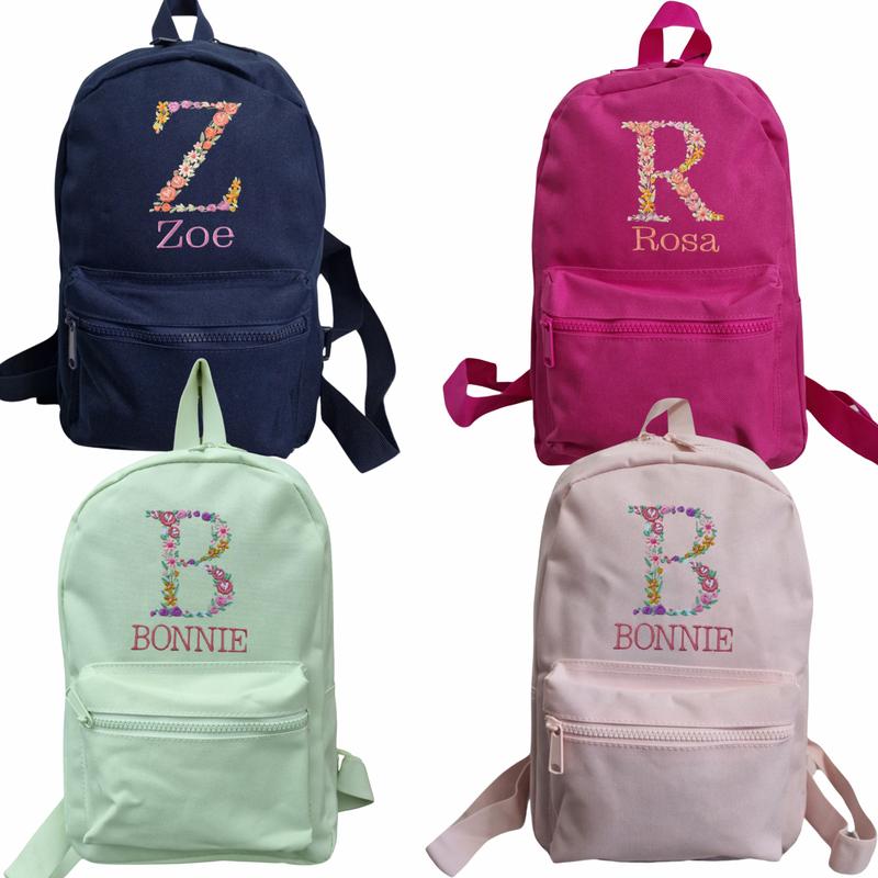 Embroidered Personalised  KIDS Backpack  Nursery, Initial and Name Floral Monogrammed Children Rucksack • Fast Delivery. Best gift 0