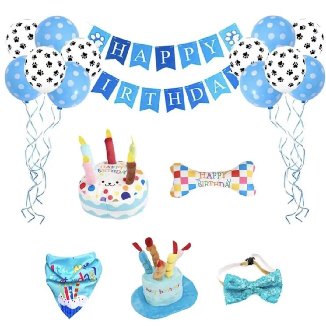 Birthday dog pack, dogs birthday suprise, happy birthday, dogs, pets, birthday hat, birthday toy, dog birthday banner, dog birthday balloons, dog birthday bandana