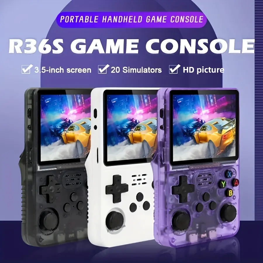 R36S Handheld Game Console, Creative Games, USB Rechargeable, 14+ Age Group, Non-Wireless, Polymer Battery, Portable Gaming Device – Black/White/Purple Protection