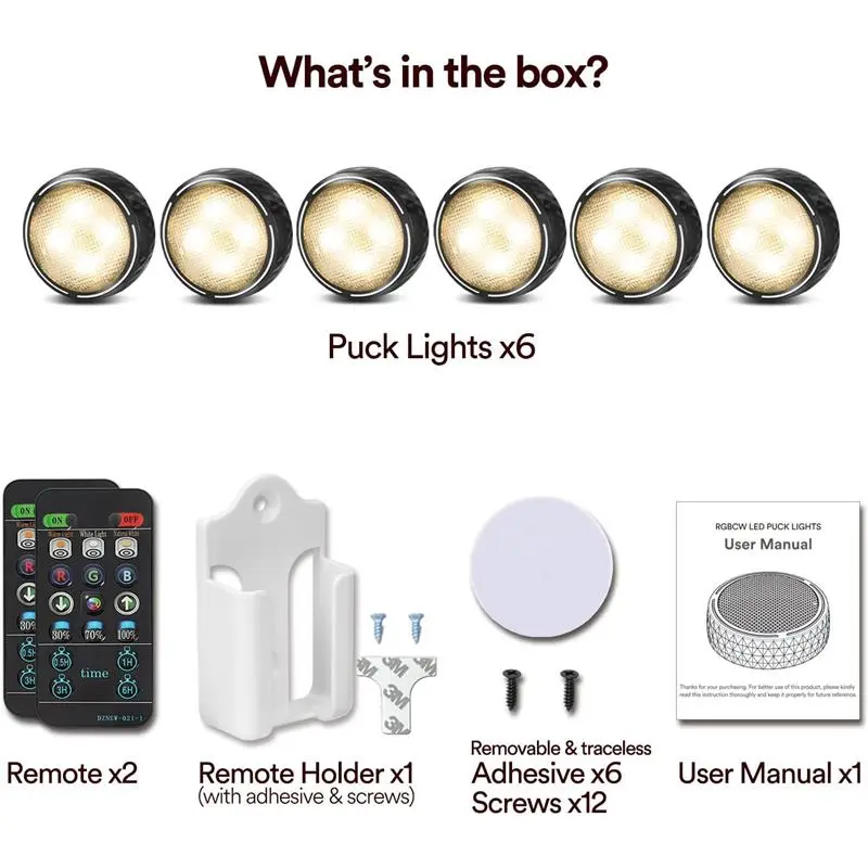 Under Cupboard Kitchen Lights Battery Operated LED Under Cabinet Lights, Stick on Wardrobe Lights Under Counter Lights Remote Control, RGB Puck Lights, 6 Pack - Black