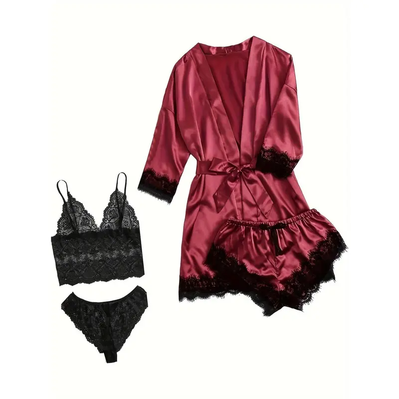 Elegant Satin Breasted Set With Lace Contrast, Three-Quarter Sleeve Gown With Belt And Camisole Bra And Trousers And Elastic Shorts, Home Wear For Women Womenswear Lingerie 6