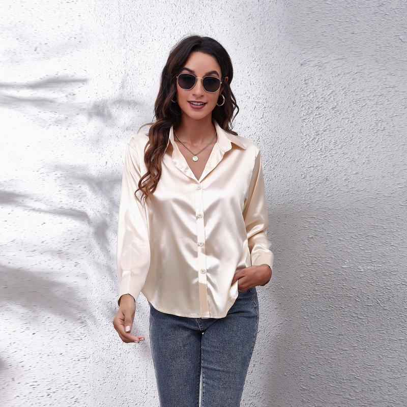 Product Introduction of Women's Satin Satin Imitation Silk Long Sleeved Shirt Elegant V-neck Retro Style Multicolor Shirt Top-Looki Ngi 17