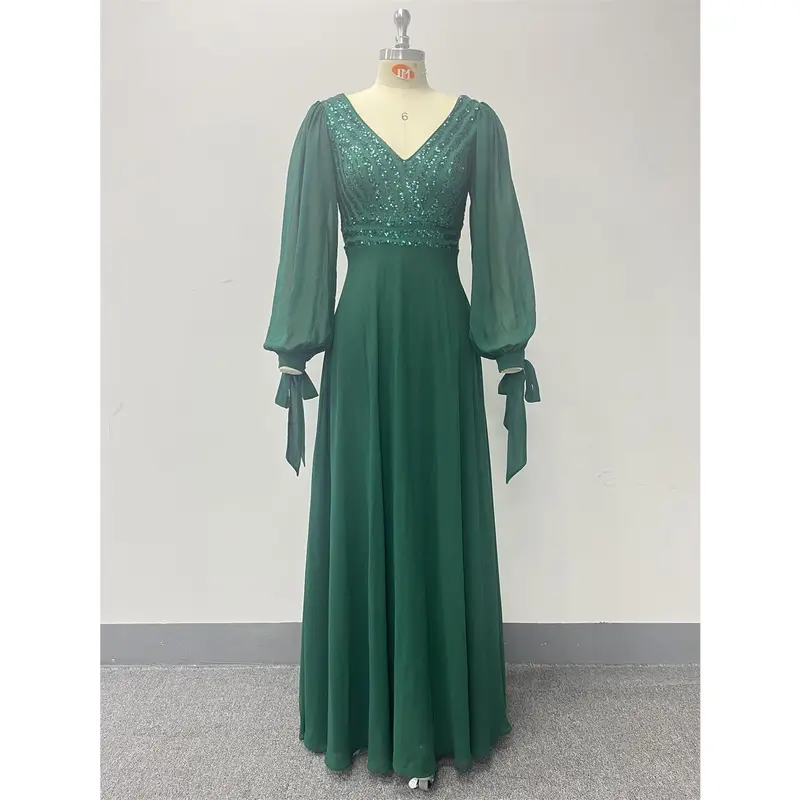 New long-sleeved lace-up high-quality double V-neck bead splicing chiffon A-shaped large pendulum fully lined party evening dress 6