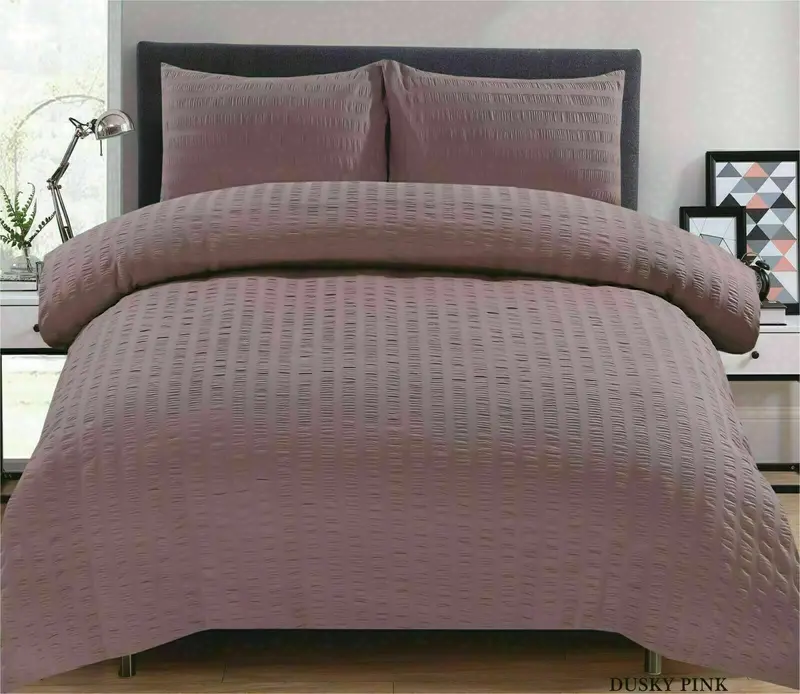 Seersucker Duvet Quilt Cover with Pillow cases Non Iron Bed cover   soft pink 4