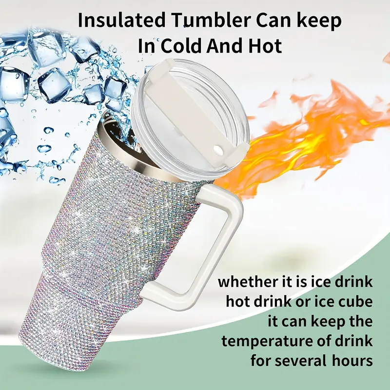 1pc 40 Oz Tumbler With Handle And Straw Lid, Studded Bling Diamond Tumbler, Stainless Steel Insulated Water Cup, Double Wall Travel Mug Fix For Car Cup Holder For Women 1
