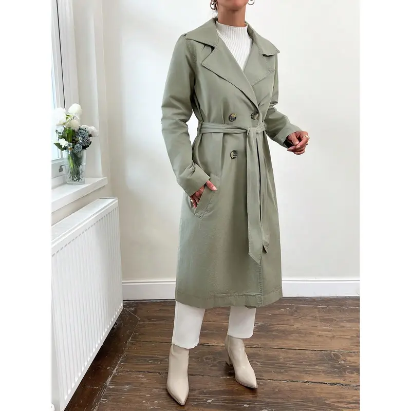 ​ Women's TopsLapel Neck Double Breasted Belted Trench Coat[S30] Womenswear Jackets Tops Outerwear Comfort Fitted Basic Green Long Sleeve Minimalist coat women springspring coats cozy coats womens coats tops for women plain simple jackets & coats princess 3