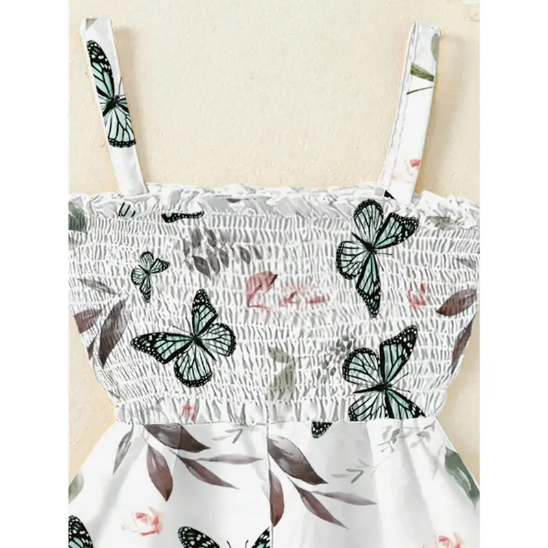 Young Girl Summer New Butterfly Printed Shirred Detail Strap Jumpsuit 2