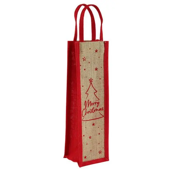 MERRY XMAS RED JUTE BOTTLE BAG 0