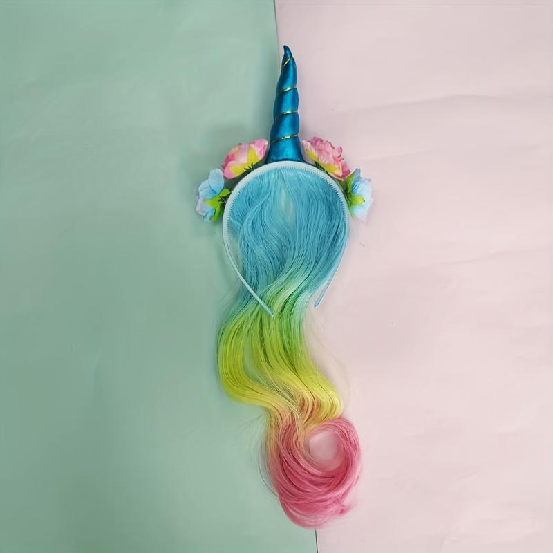 Unicorn Headband Curly Wig For Girls, Rainbow Flower Birthday Party Supplies Halloween Decorations For Girls Hair Accessories Music Festival Masks Comfortable Gift Magical Ornaments Multicolor 6