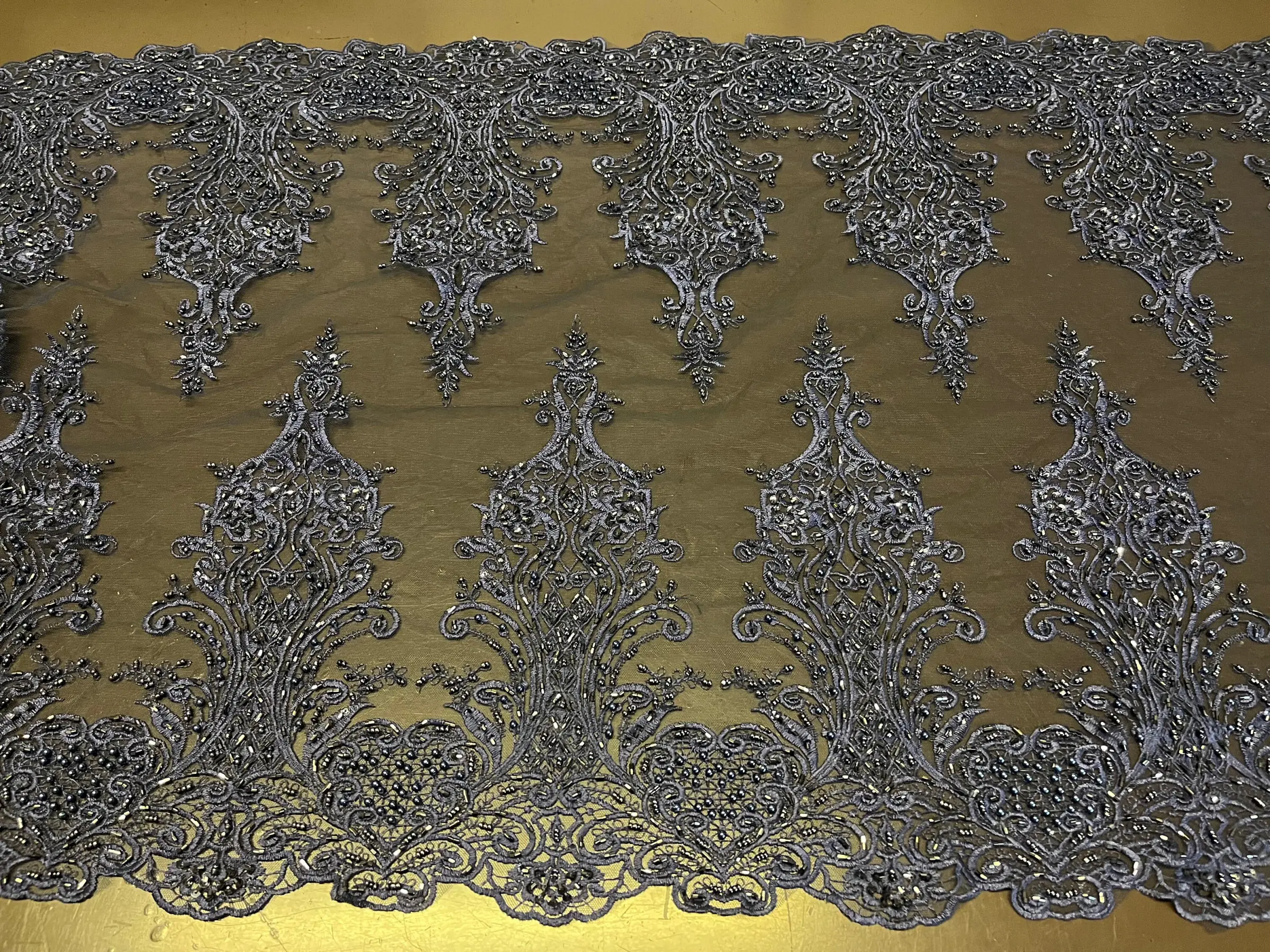 NEW High Class Navy Double Border Damask Embroidered Bead Pearl Sequins Net Trim / Trimming