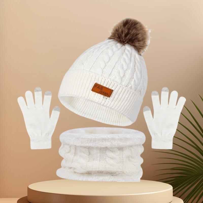 Festive Winter Knit Hat Set with Pom Pom, 3-in-1 Warmth Bundle: Thick Hat, Scarf, and Touchscreen Gloves for Ladies - Perfect for Cold Weather Outings 7