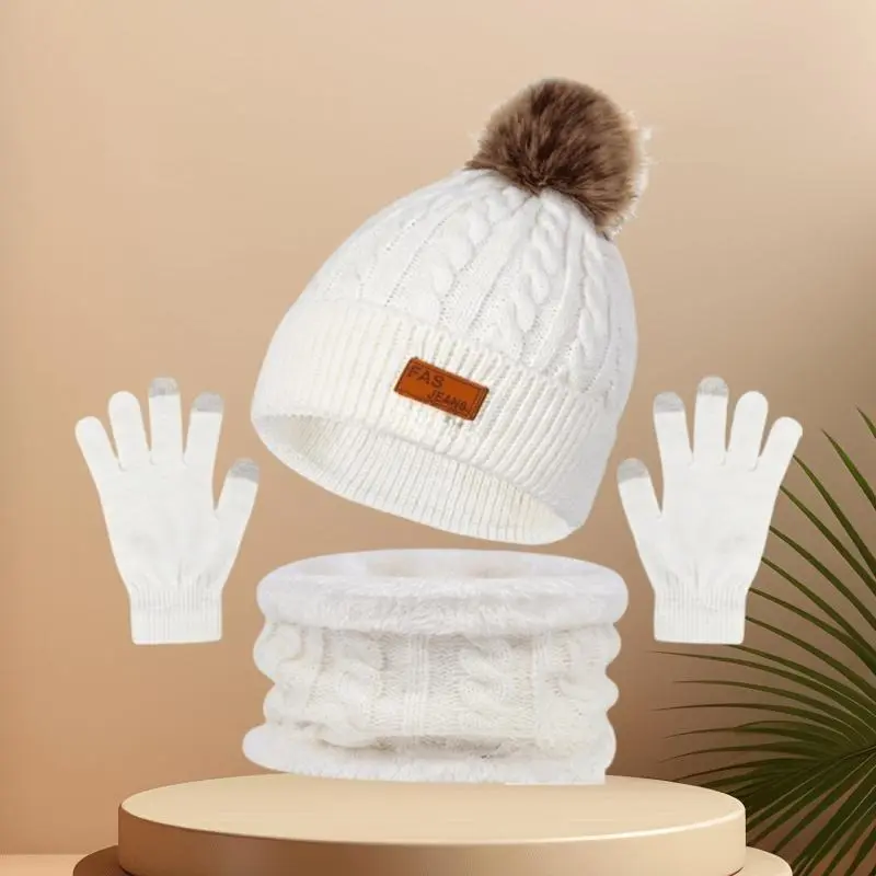 Festive Winter Knit Hat Set with Pom Pom, 3-in-1 Warmth Bundle: Thick Hat, Scarf, and Touchscreen Gloves for Ladies - Perfect for Cold Weather Outings 7