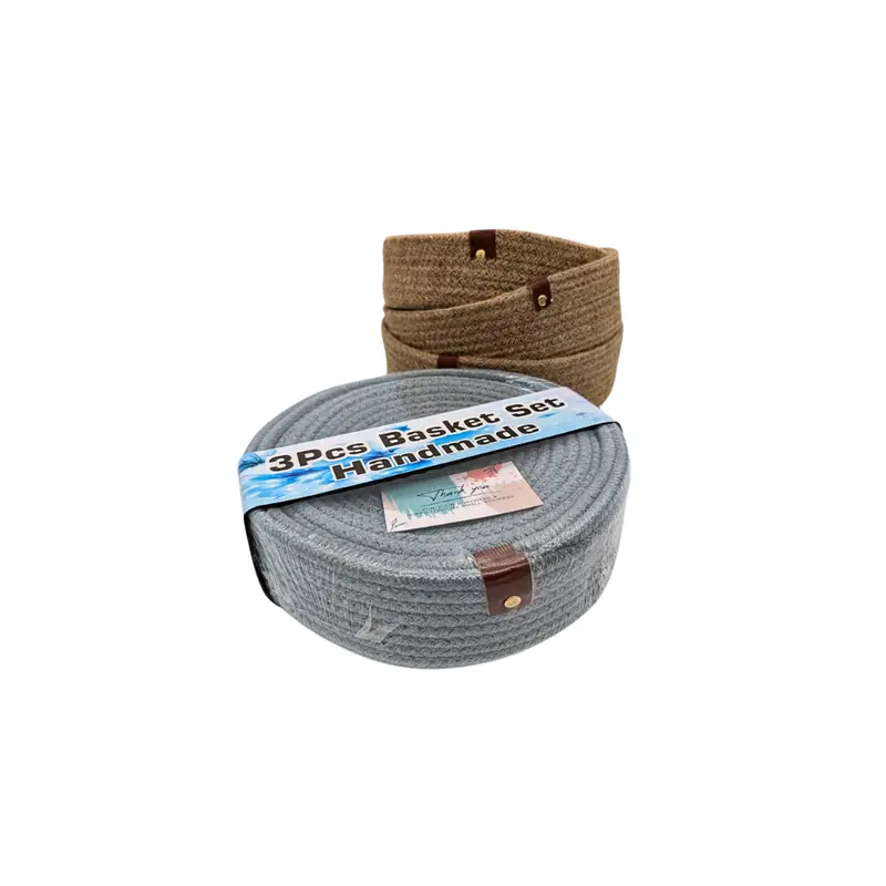 Handmade Jute Basket Set - 3 Pieces, Round, Washable, Available in Grey and Brown 0