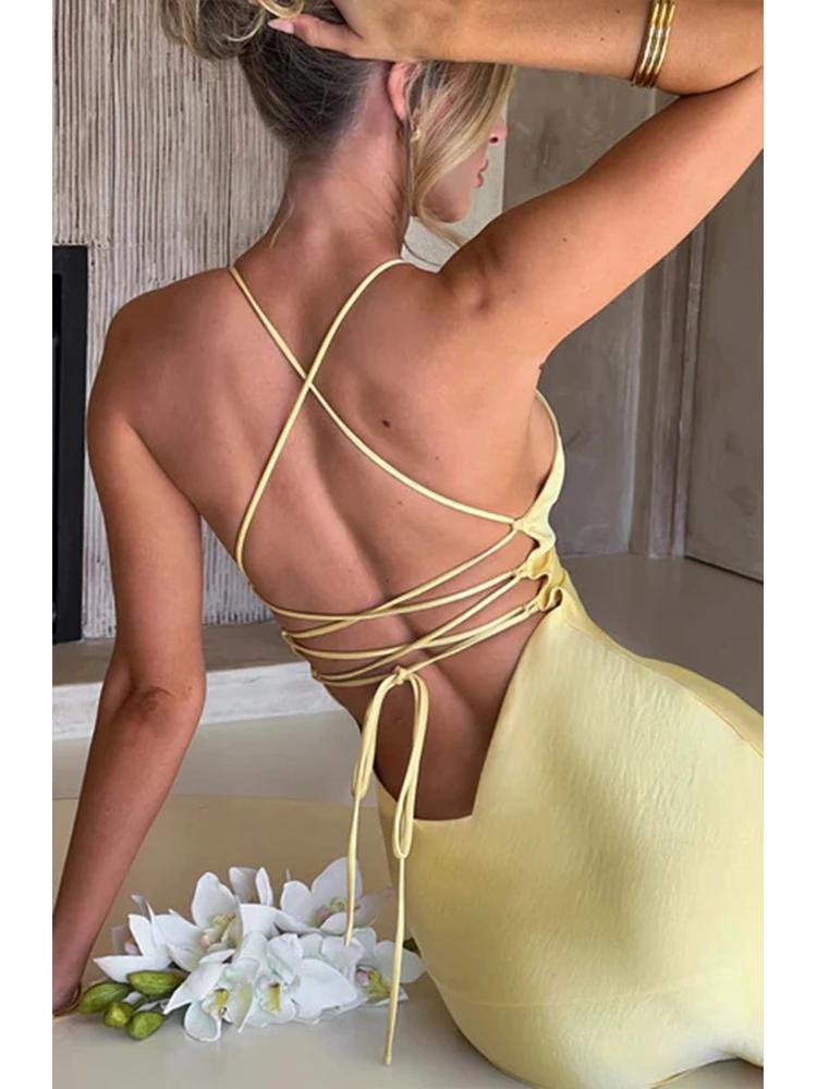 Product Introduction of Bandage Backless Elegant Dress Split Hem Spaghetti Strap Slim Cocktail Party Club Fashion Satin Solid Lace-Up Long Dresses 8