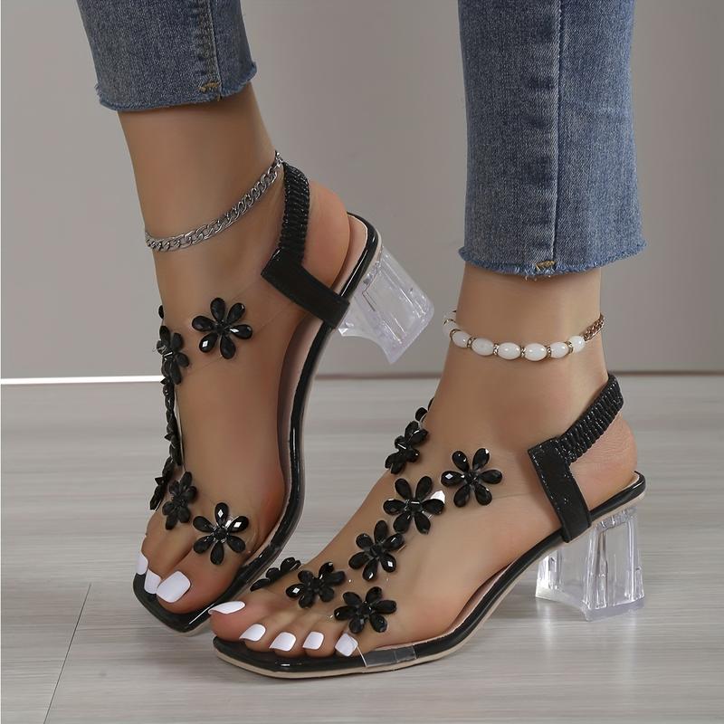 Women's Flower Rhinestone Block Heel Sandals, Fashion Square Open Toe Elastic Strap Slip On High Heels, Versatile Sandals 6