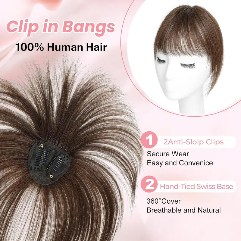 Clip in Fringe 100% Real Human Hair Fringe Clip in Bangs 10 Inch Hair Topper With 6 inch Bangs Hair Toppers for Thinning Hair Women Real Hair 360°Clip on Fringe for Daily Wear (Chocolate Brown) 2