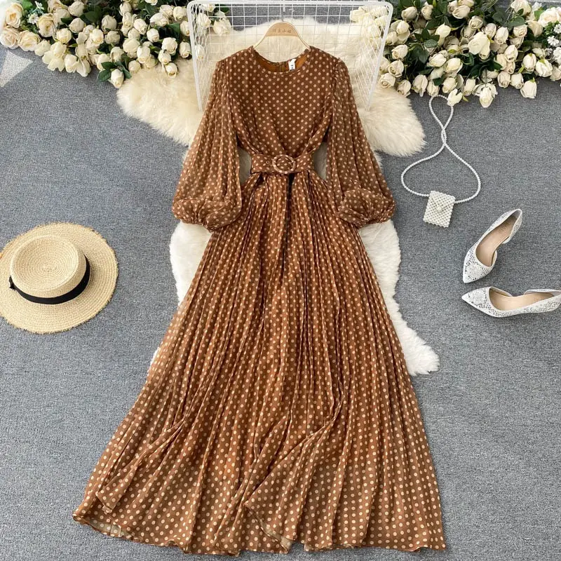 French Vintage Round Neck Polka Dot Dress Women Mesh Long Sleeve Long Dresses
